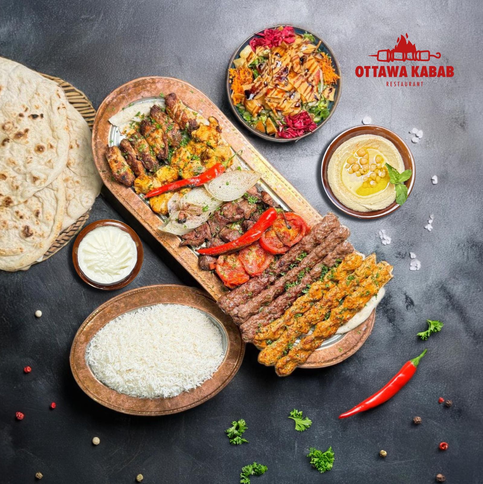 Halal mixed grill platter (chicken shish, kebab, lamb tikka) fattoush, hummus and rice