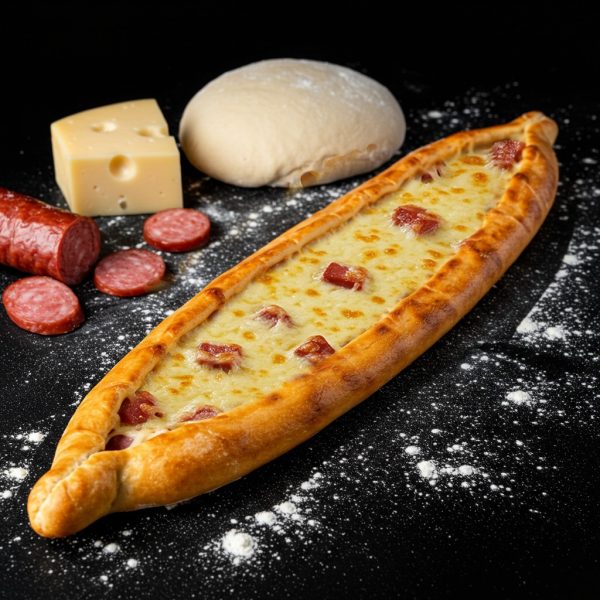Sausage pie with flour scattered around it, a piece of cheese and dough, and a dark background