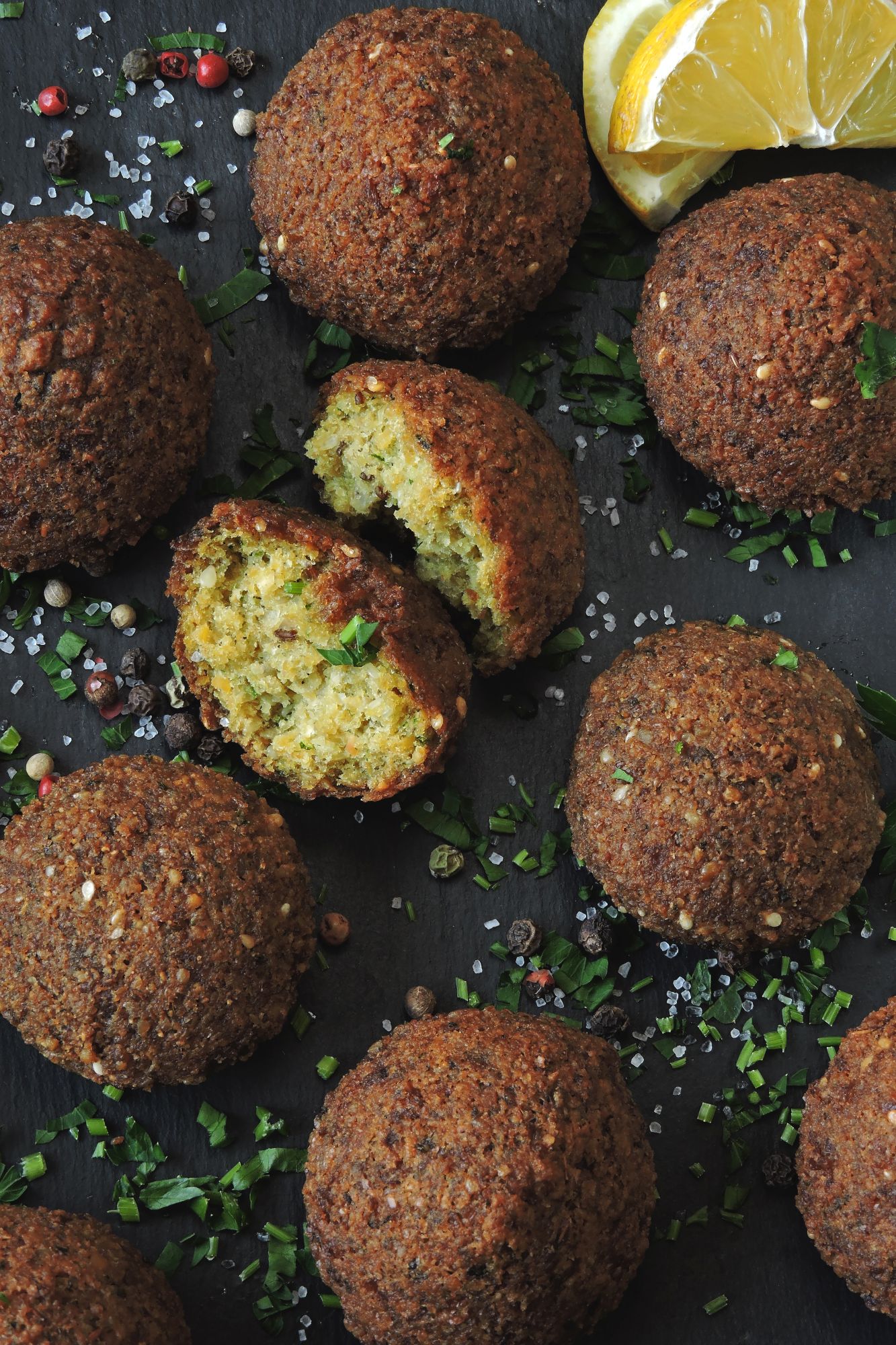Falafel made from legumes and herbs, compared with meat and bulgur kibbeh